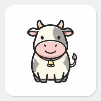 Pegatina Cuadrada Friendly Cow – Cute Kawaii Animal Illustration