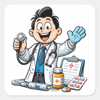 Pegatina Cuadrada Friendly Doctor Mascot Medical Cartoon Design