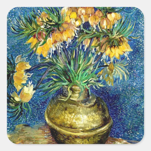Pegatina Cuadrada Fritillarias imperiales en vaso de cobre Van Gogh  (Anverso)