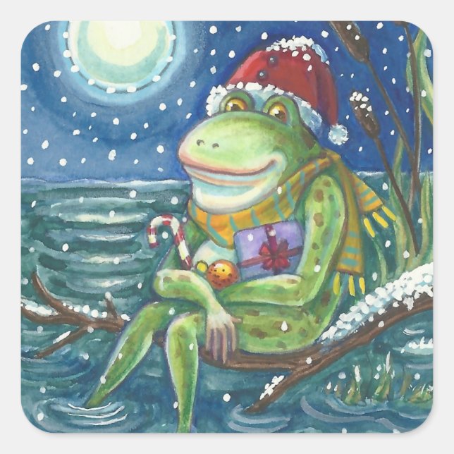 PEGATINA CUADRADA FROG EN LOG CALIENTA EL CORAZÓN, DIVERSIÓN, NAVIDA (Anverso)