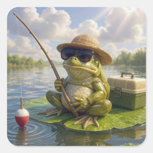 Pegatina Cuadrada Frog Fishing From a Lily Pad (Anverso)