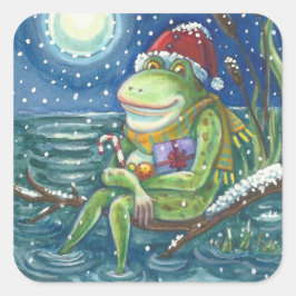Pegatina Cuadrada FROG SANTA EN LOG, HOLLIDAY CHRISTMAS STICKERS Squ