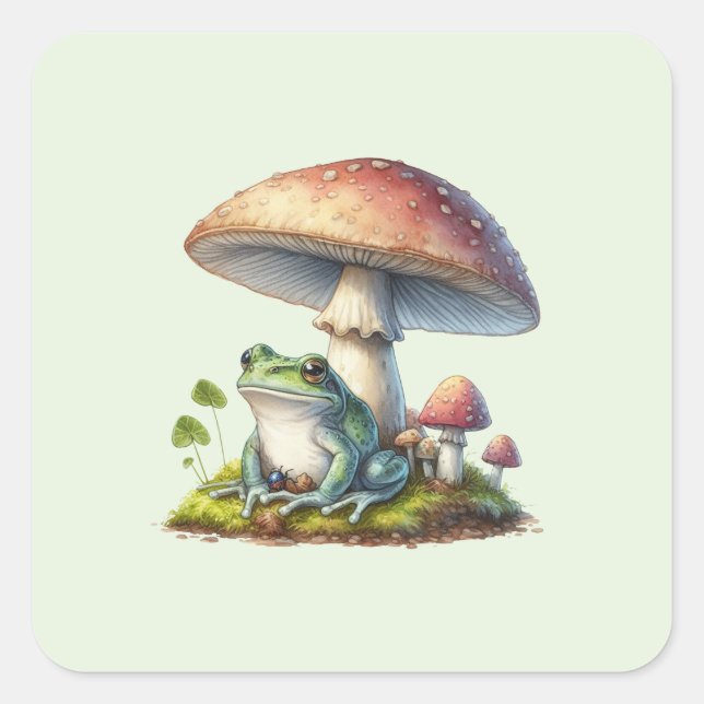 Pegatina Cuadrada Frog Under a Mushroom Cute Nature (Anverso)