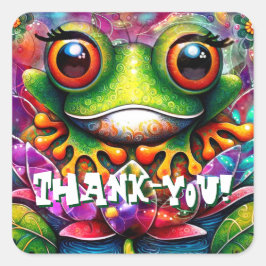 Pegatina Cuadrada Frog Whimsical Abstract Pintura Art Floral Verde