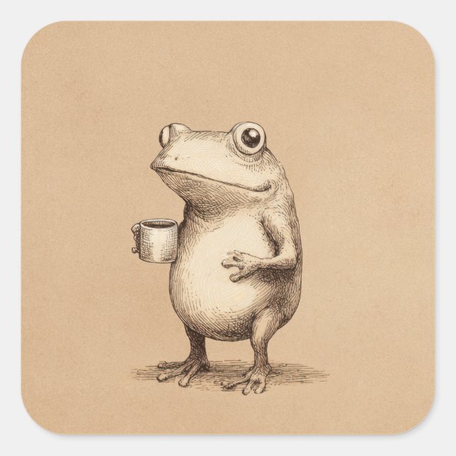 Pegatina Cuadrada Frog with Coffee – Whimsical Vintage Animal (Anverso)