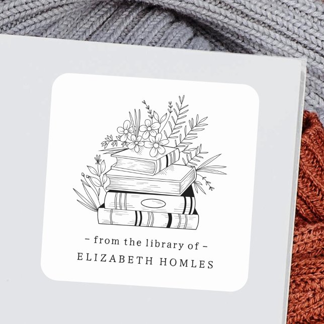 Pegatina Cuadrada From the Library of Custom Name Books and Flower (Subido por el creador)