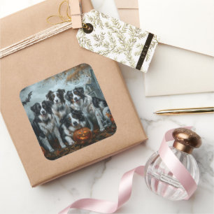 Pegatina Cuadrada Frontera Collie Halloween Noche Doggy Delight