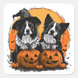Pegatina Cuadrada Frontera Collie Perros Halloween Jack O Lanterns