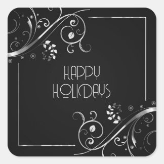 Pegatina Cuadrada Frontera Floral Metálica Felices Fiestas