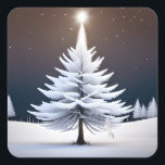 Pegatina Cuadrada Frosty Christmas Tree with Winter Bunny<br><div class="desc">Pino escarpado con estrellas brillantes y conejito blanco.</div>