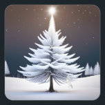 Pegatina Cuadrada Frosty Christmas Tree with Winter Bunny<br><div class="desc">Pino escarpado con estrellas brillantes y conejito blanco.</div>
