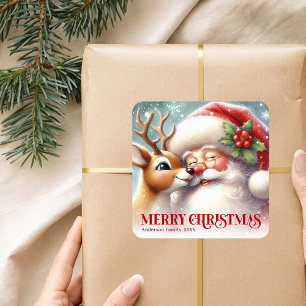 Pegatina Cuadrada Frosty Personalizado Santa y Rudolph Fiesta de Niñ