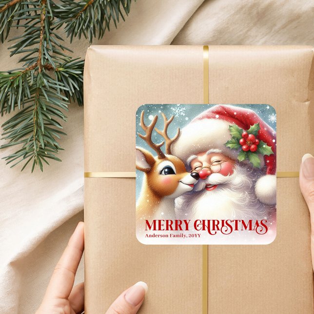 Pegatina Cuadrada Frosty Personalized Santa and Rudolph Holiday Kids (Frosty Personalized Santa and Rudolph Holiday Sticker)