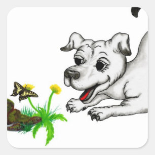 Pegatina Cuadrada Frühlingserwachen, Welpe mit Schmetterling