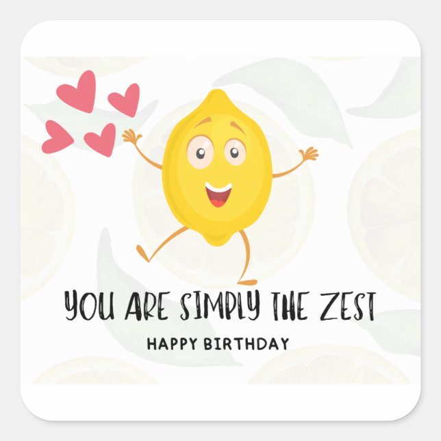 Pegatina Cuadrada Fruta Personalizado de limón Feliz cumpleaños Funn (Anverso)