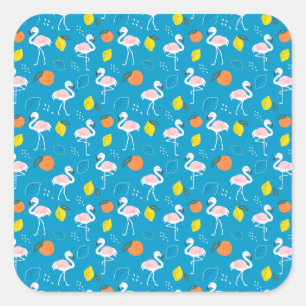 Pegatina Cuadrada Frutas flamencas tropicales de fondo azul
