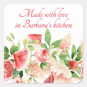 Pegatina Cuadrada Frutas y flores de verano acuarela rosa