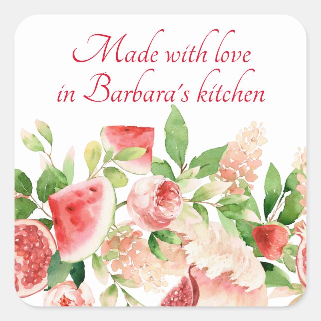 Pegatina Cuadrada Frutas y flores de verano acuarela rosa (Anverso)