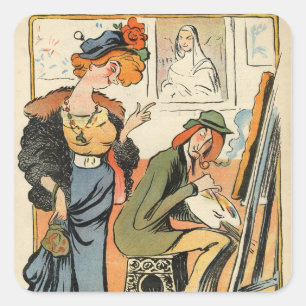 Pegatina Cuadrada Fryne: caricatura de la modelo de un artista