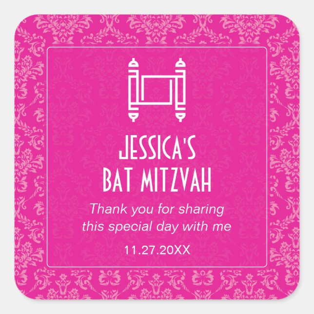 Pegatina Cuadrada Fuchsia Damask Torah Bat Mitzvah (Anverso)