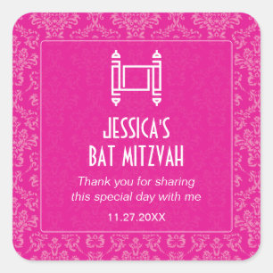 Pegatina Cuadrada Fuchsia Damask Torah Bat Mitzvah