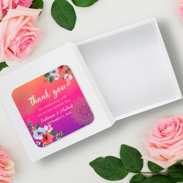 Pegatina Cuadrada Fuchsia Naranja rosa morado brillante y audaz flor (Subido por el creador)