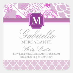 Pegatina Cuadrada Fuchsia Purple Lilac Chevron Floral Monogramado