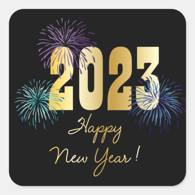 Pegatina Cuadrada Fuegos artificiales purpurina 2023 Feliz Año Nuevo (Anverso)