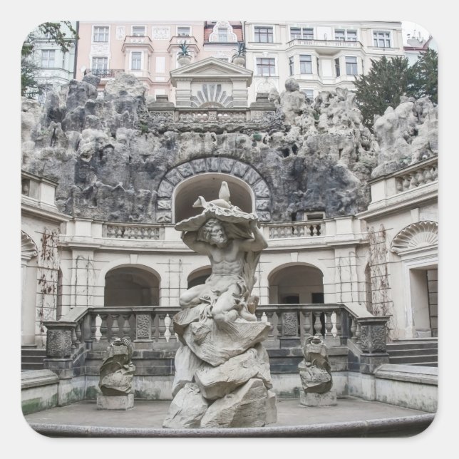 Pegatina Cuadrada Fuente con estatua de Neptuno en Praga (Anverso)