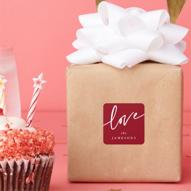 Pegatina Cuadrada Fuente de escritura 'Amor' personalizada en rojo y (Fiesta)