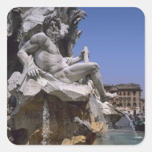 Pegatina Cuadrada Fuente de los Cuatro Ríos, Piazza Navona, Roma,