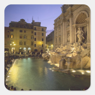 Pegatina Cuadrada Fuente de Trevi de noche, Roma, Lacio, Italia
