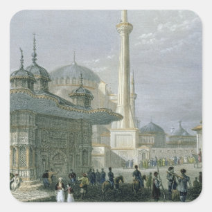 Pegatina Cuadrada Fuente y cuadrado de St. Sophia, Estambul, engra