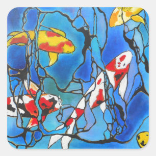 Pegatina Cuadrada "¡Fuera De Azul" Koi Fish Art Painting!