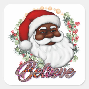Pegatina Cuadrada Fuerte Papá Noel Negro Melanin Chrismas Claus Homb
