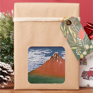 Pegatina Cuadrada Fuji rojo, Volcán Aka Fujiyama Katsushika Hokusai