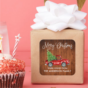 Pegatina Cuadrada Fun Calligraphy Navidades Wood Vintage Truck