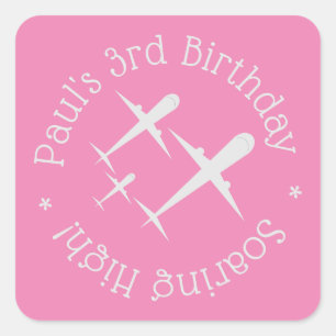 Pegatina Cuadrada Fun, elegante y personalizado avión de cumpleaños 
