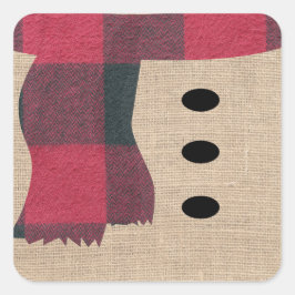 Pegatina Cuadrada Fun Farmhouse Burlap Snowman Plaid Scarf & Button
