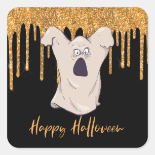 Pegatina Cuadrada Fun Ghost Naranja Purpurina Halloween