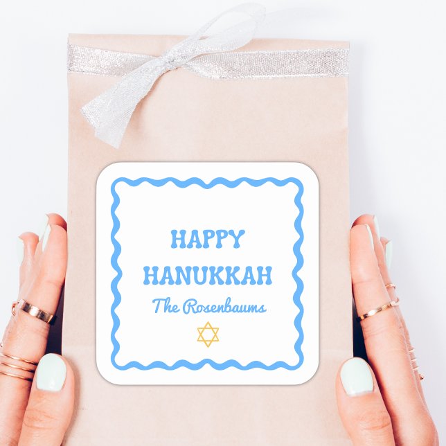 Pegatina Cuadrada Fun Modern Wavy Border Blue Hanukkah Presente (Subido por el creador)