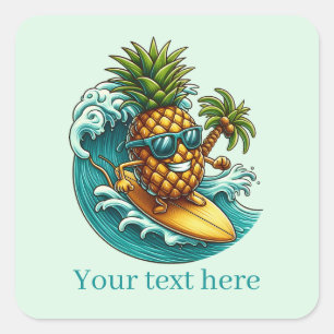 Pegatina Cuadrada Fun Pineapple beach surfing agrega texto
