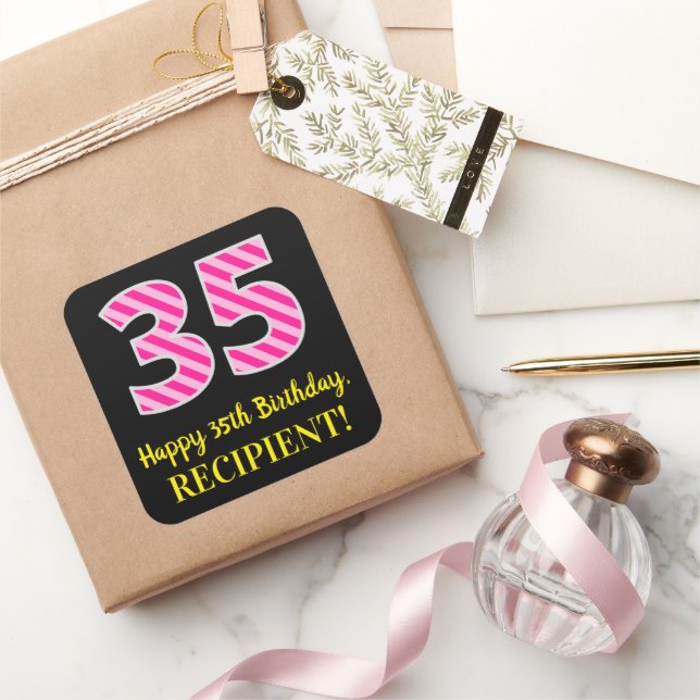 Pegatina Cuadrada Fun Pink Stripes “35”: Happy 35th Birthday + Name (Regalar)