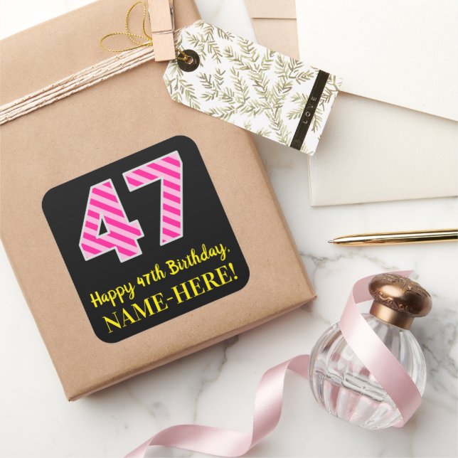 Pegatina Cuadrada Fun Pink Stripes “47”: Happy 47th Birthday + Name (Regalar)