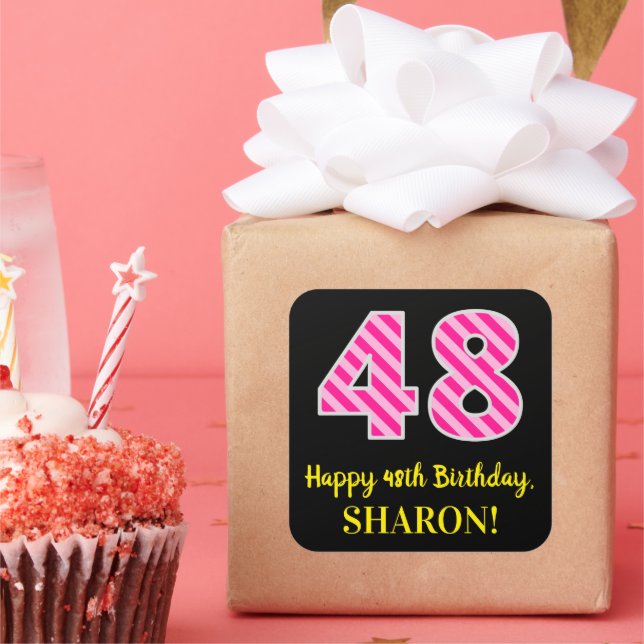 Pegatina Cuadrada Fun Pink Stripes “48”: Happy 48th Birthday + Name (Fiesta)
