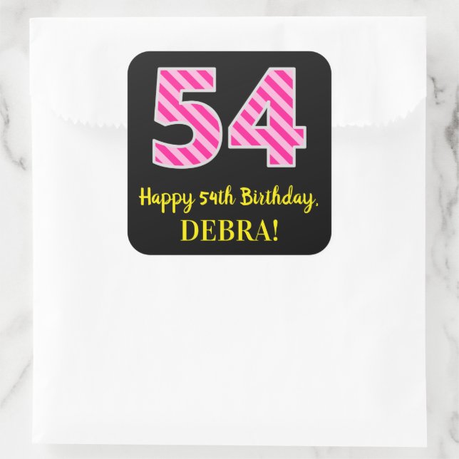 Pegatina Cuadrada Fun Pink Stripes “54”: Happy 54th Birthday + Name (Bolso)