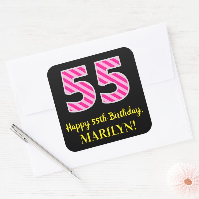 Pegatina Cuadrada Fun Pink Stripes “55”: Happy 55th Birthday + Name (Sobre)