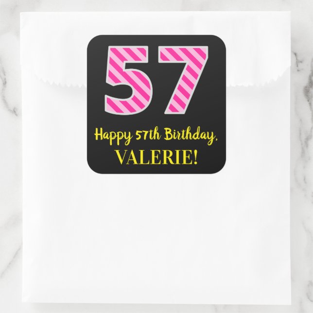 Pegatina Cuadrada Fun Pink Stripes “57”: Happy 57th Birthday + Name (Bolso)