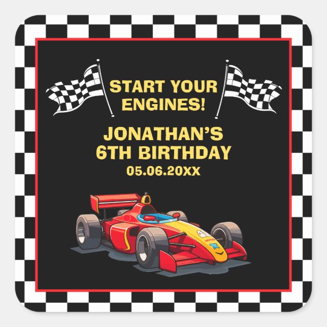 Pegatina Cuadrada Fun Racing Driver Birthday Boy (Anverso)