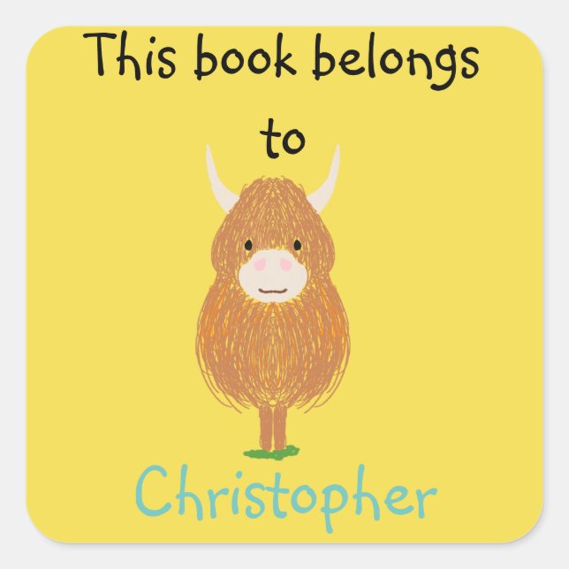 Pegatina Cuadrada Fun Scottish Highland Cow Este libro pertenece a (Anverso)